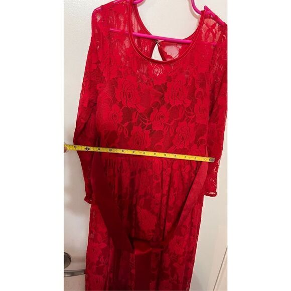 Girls Lace Long Sleeves Scoop Neck Belted Pullover Long Maxi Dress Red Sz 8-9Y - Picture 9 of 10